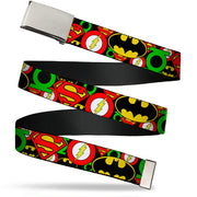 Chrome Buckle Web Belt - Justice League Stacked Logos Webbing Web Belts DC Comics
