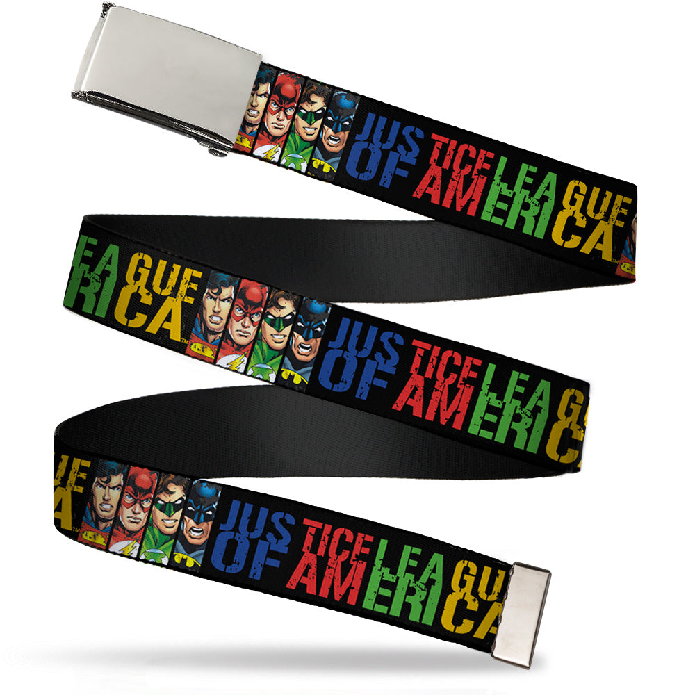 Chrome Buckle Web Belt - JUSTICE LEAGUE OF AMERICA w/Superhero Blocks Black/Multi Color Webbing Web Belts DC Comics