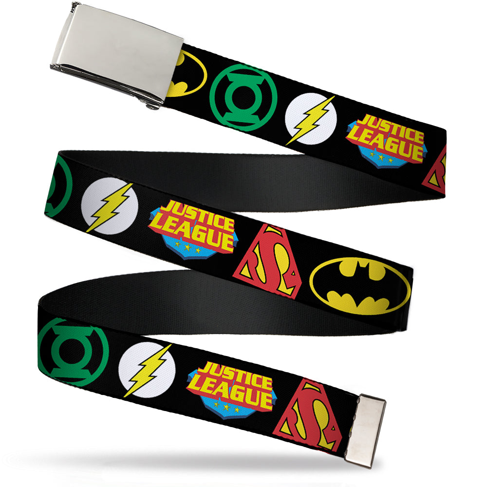Chrome Buckle Web Belt - Justice League Superhero Logos Black Webbing Web Belts DC Comics