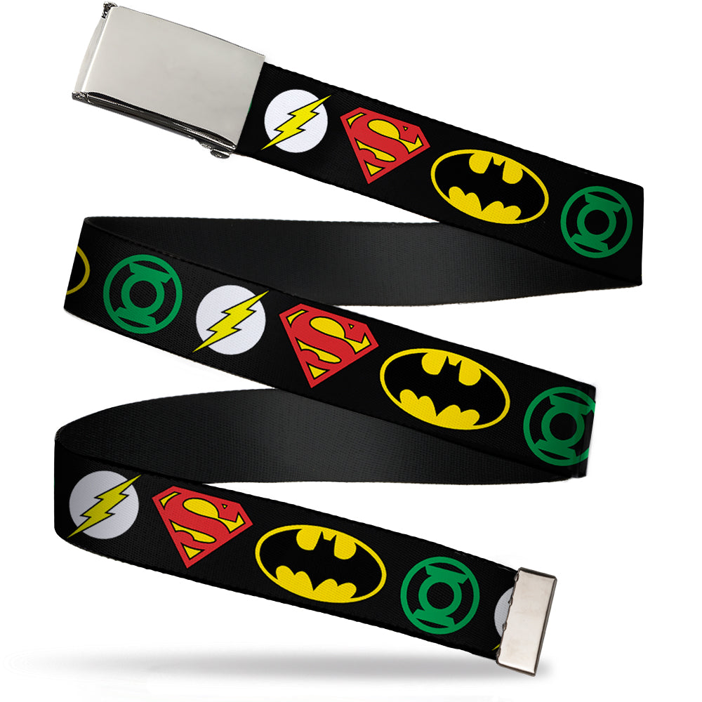 Chrome Buckle Web Belt - Justice League Superhero Logos Webbing Web Belts DC Comics