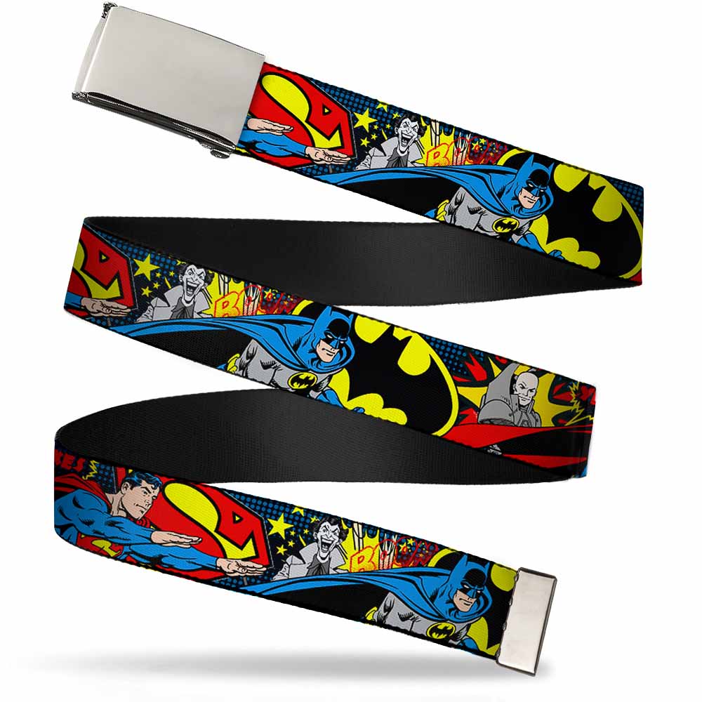 Web Belt Blank Chrome Buckle - Classic Batman/Joker & Superman/Lex Luthor Halftone Black/Blue Webbing Web Belts DC Comics