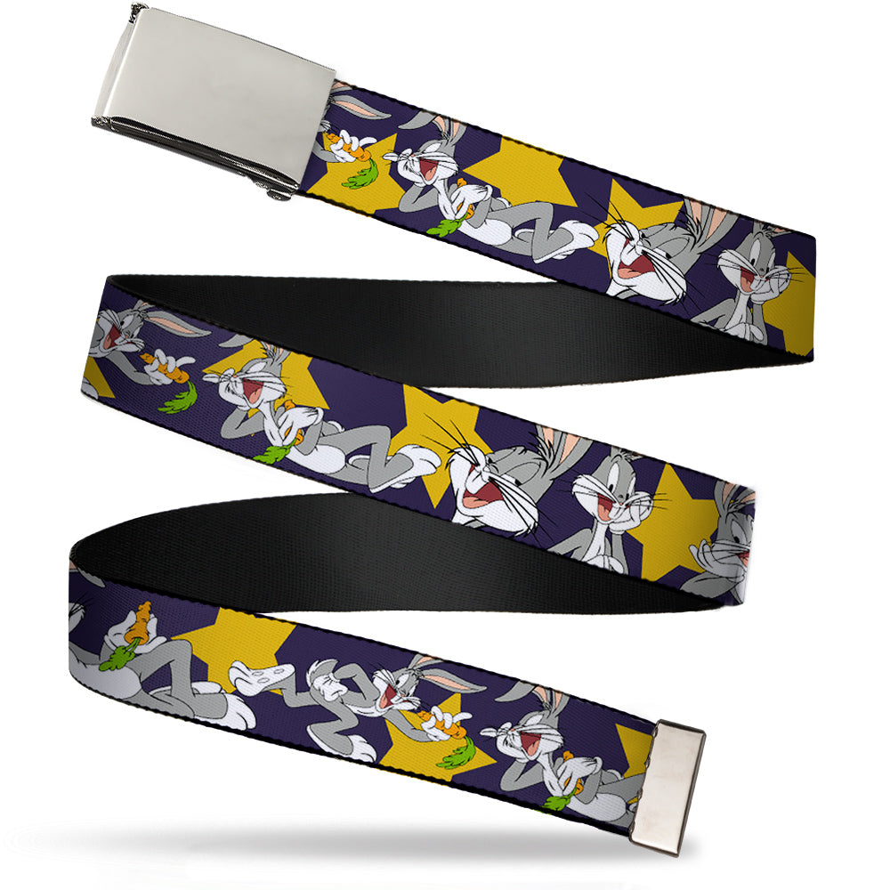 Chrome Buckle Web Belt - Bugs Bunny Poses/Stars Navy Webbing Web Belts Looney Tunes