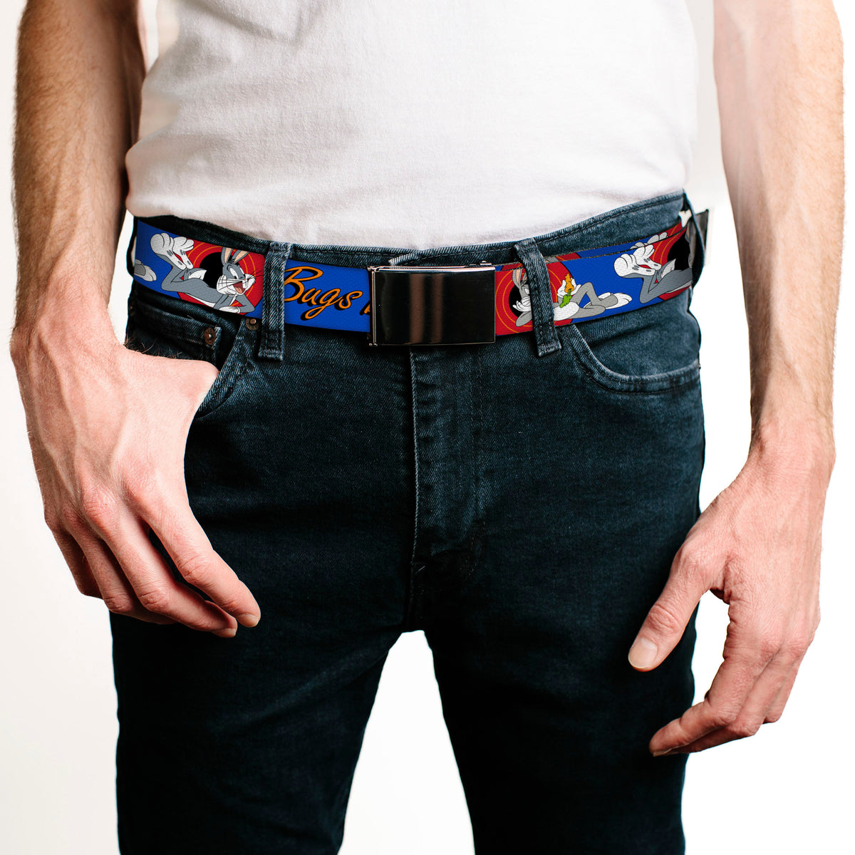 Chrome Buckle Web Belt - BUGS BUNNY w/Bugs Poses Blue Webbing Web Belts Looney Tunes