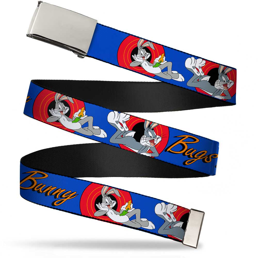 Chrome Buckle Web Belt - BUGS BUNNY w/Bugs Poses Blue Webbing Web Belts Looney Tunes