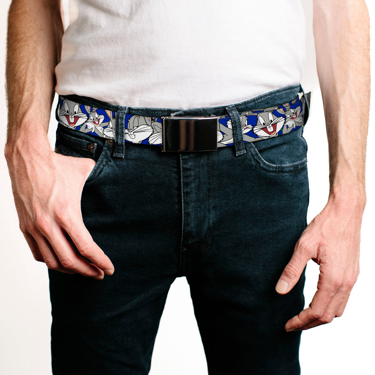Chrome Buckle Web Belt - Bugs Bunny CLOSE-UP Poses Blue Webbing Web Belts Looney Tunes