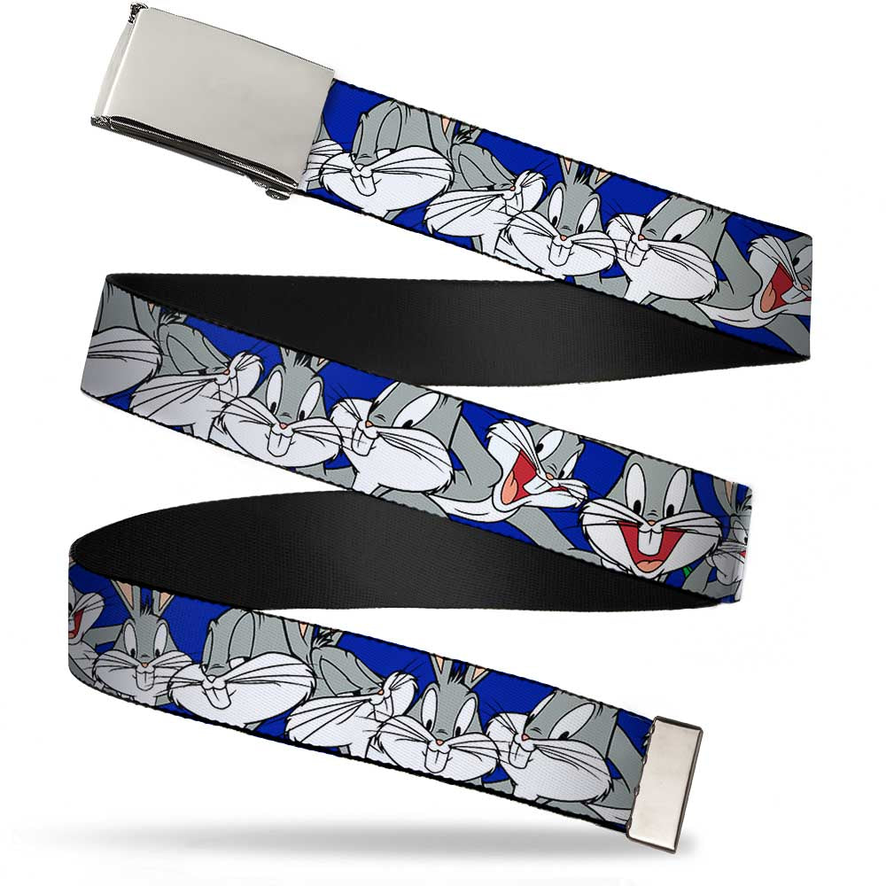 Chrome Buckle Web Belt - Bugs Bunny CLOSE-UP Poses Blue Webbing Web Belts Looney Tunes