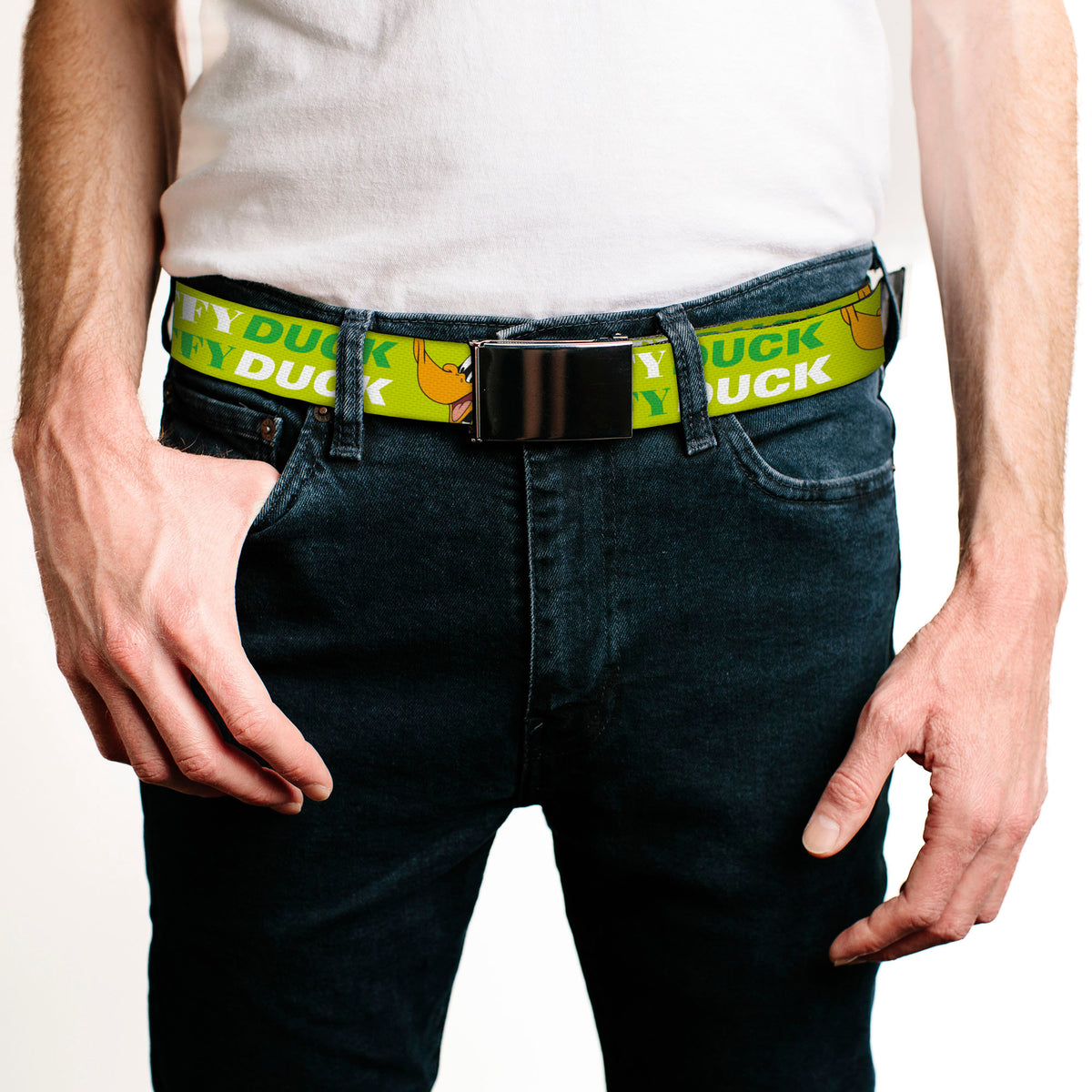 Chrome Buckle Web Belt - DAFFY DUCK w/Face CLOSE-UP Greens Webbing Web Belts Looney Tunes