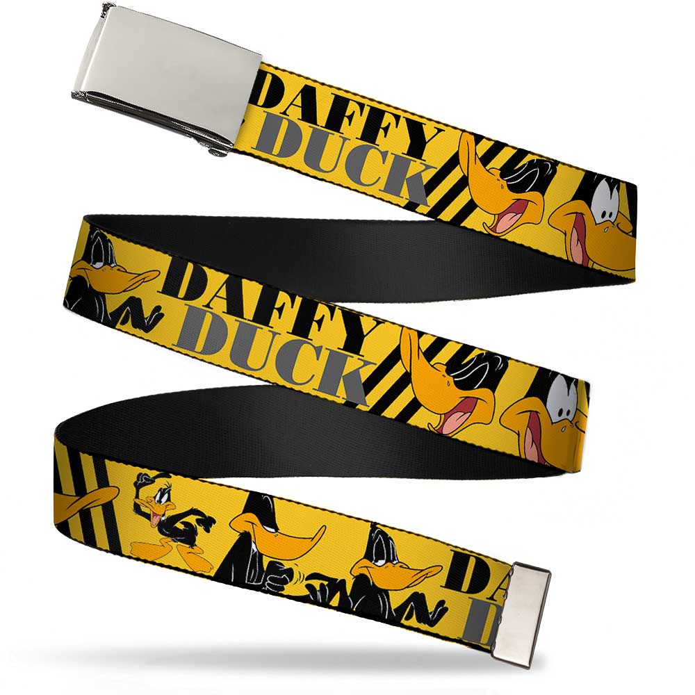 Chrome Buckle Web Belt - DAFFY DUCK w/Poses Yellow/Black Webbing Web Belts Looney Tunes
