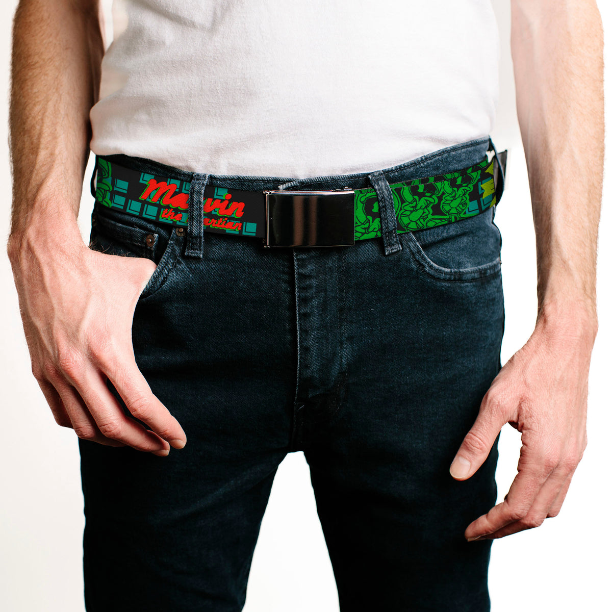 Chrome Buckle Web Belt - MARVIN THE MARTIAN w/Poses Black/Turquoise Webbing Web Belts Looney Tunes