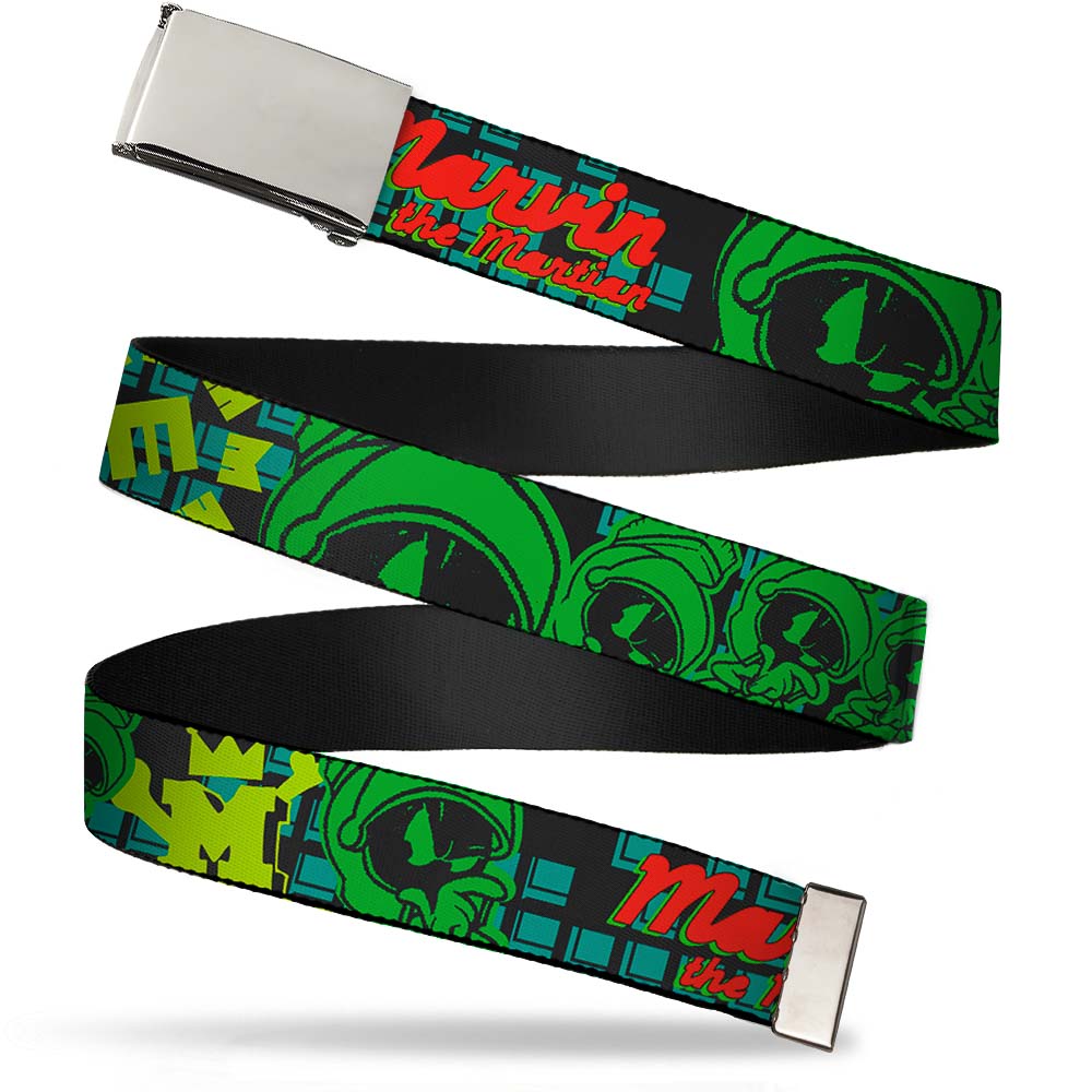 Chrome Buckle Web Belt - MARVIN THE MARTIAN w/Poses Black/Turquoise Webbing Web Belts Looney Tunes