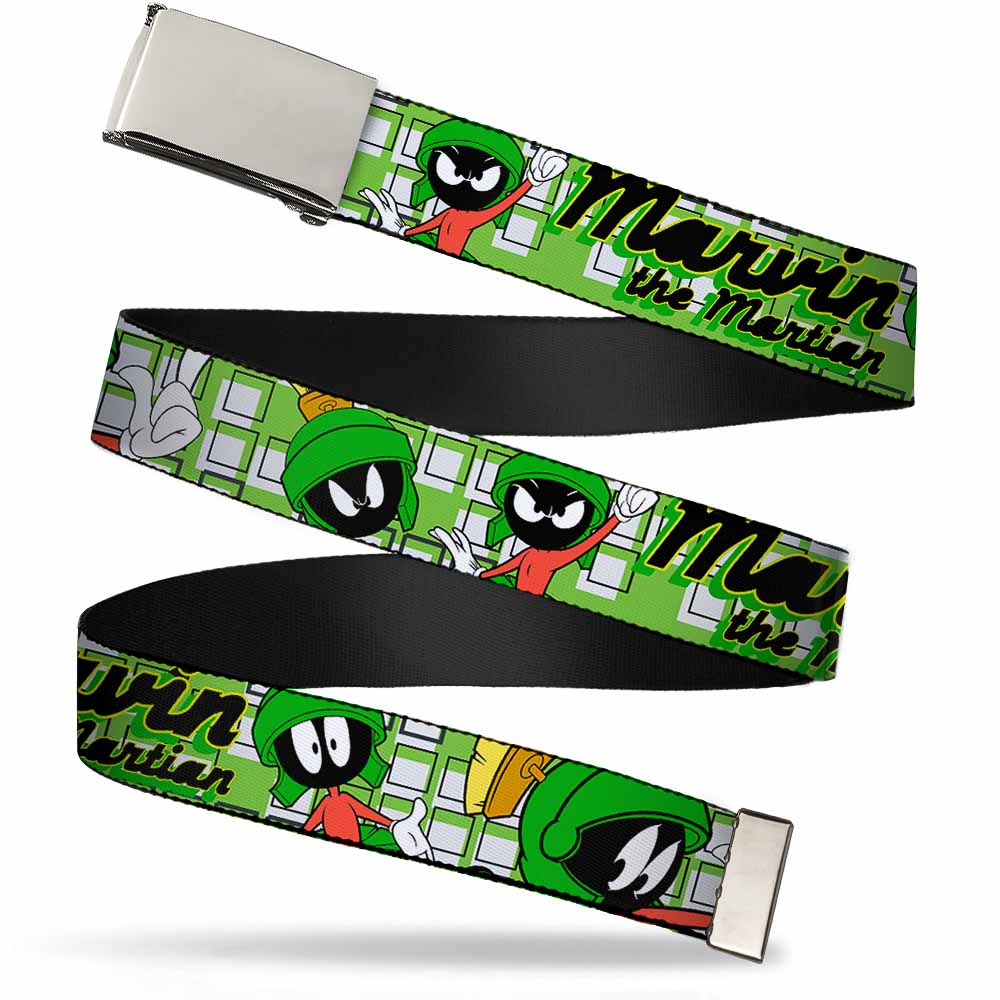 Chrome Buckle Web Belt - MARVIN THE MARTIAN w/Poses White/Green Webbing Web Belts Looney Tunes