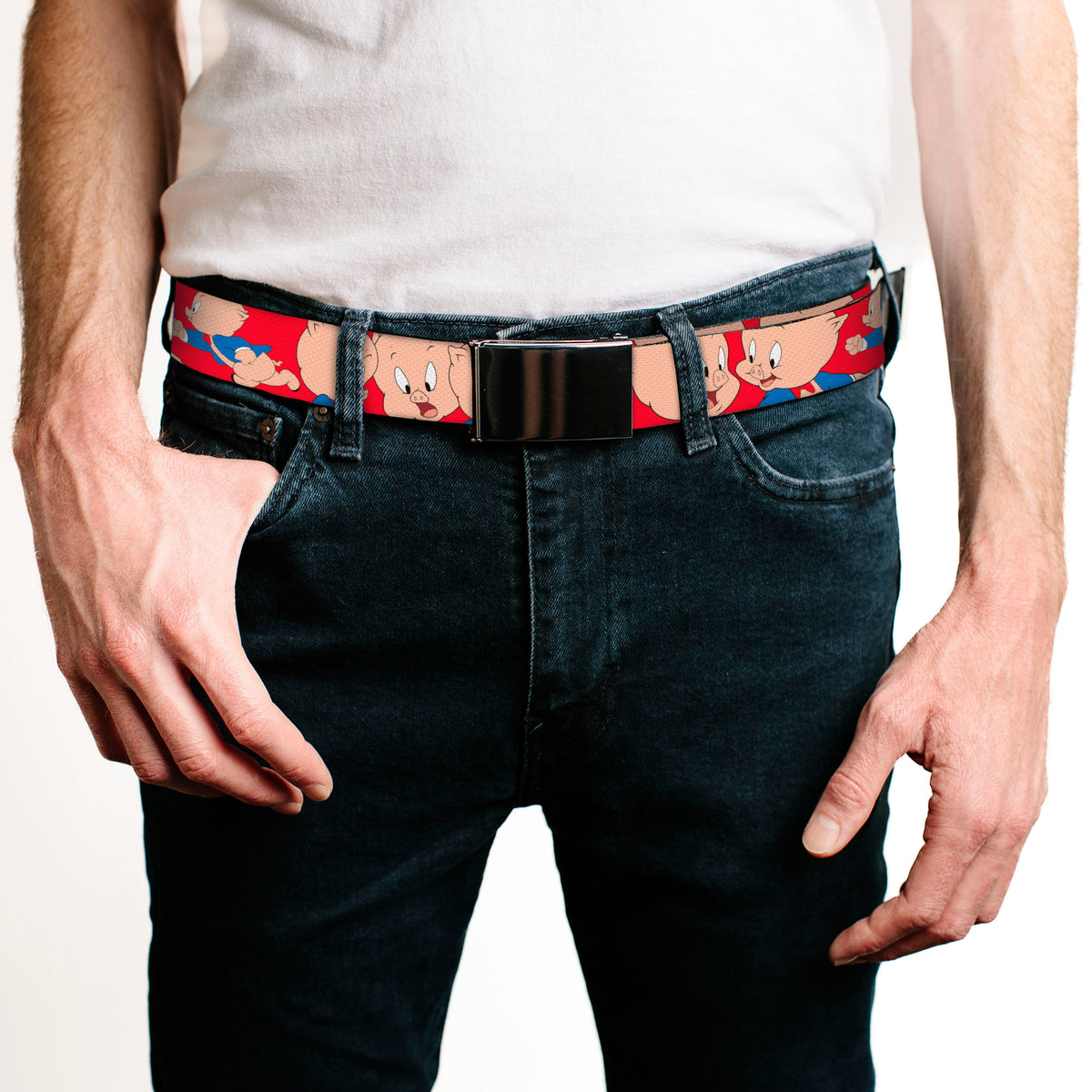 Chrome Buckle Web Belt - Porky Pig Expressions Red Webbing Web Belts Looney Tunes