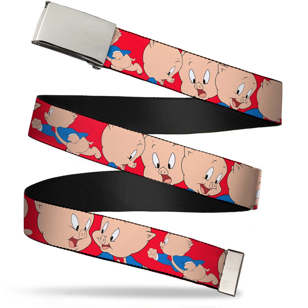 Chrome Buckle Web Belt - Porky Pig Expressions Red Webbing Web Belts Looney Tunes