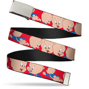 Chrome Buckle Web Belt - Porky Pig Expressions Red Webbing Web Belts Looney Tunes