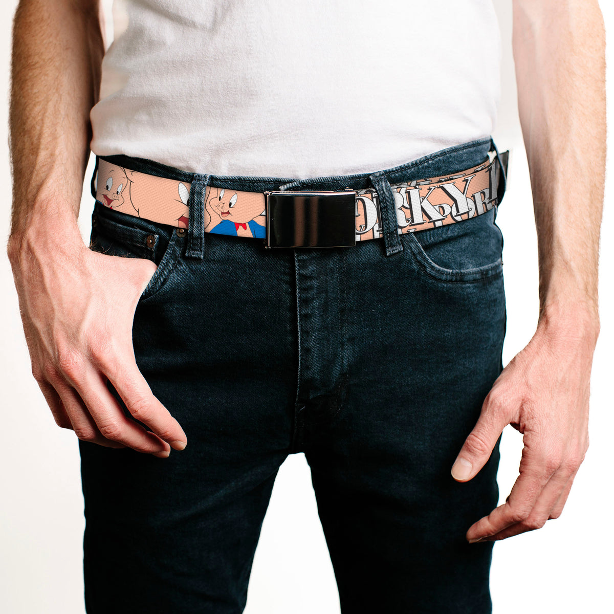 Chrome Buckle Web Belt - PORKY PIG w/Poses Pink Webbing Web Belts Looney Tunes