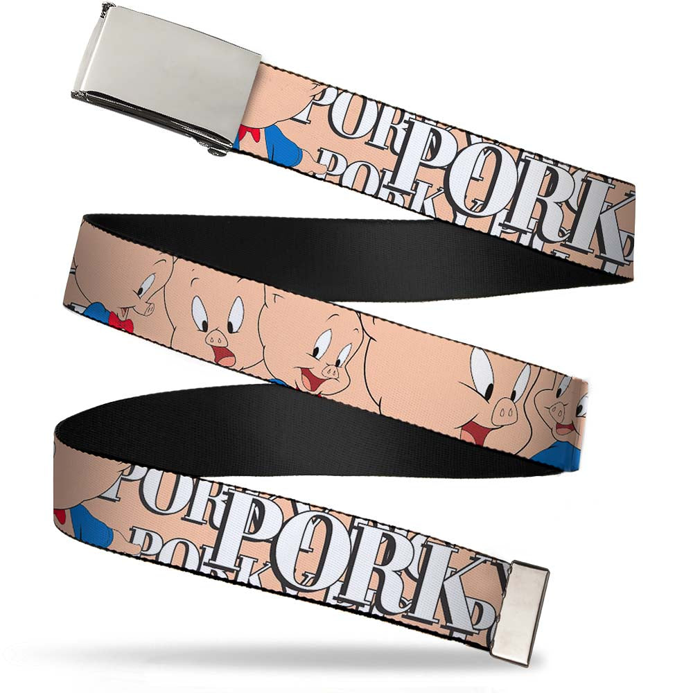 Chrome Buckle Web Belt - PORKY PIG w/Poses Pink Webbing Web Belts Looney Tunes
