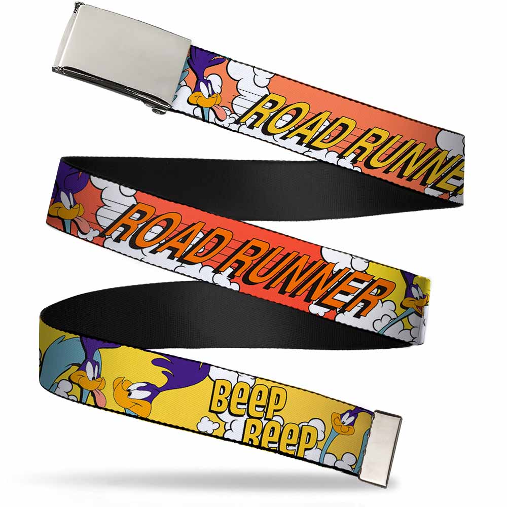 Web Belt Blank Chrome Buckle - ROAD RUNNER w/Road Runner Poses Orange Webbing Web Belts Looney Tunes