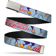 Web Belt Blank Chrome Buckle - MEEP MEEP!! w/Road Runner Poses Baby Blue Webbing Web Belts Looney Tunes