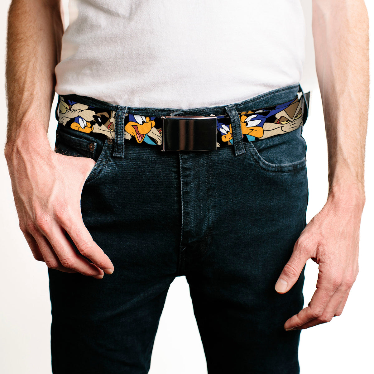 Web Belt Blank Chrome Buckle - Road Runner/Wile E. Coyote Expressions Stacked Black Webbing Web Belts Looney Tunes