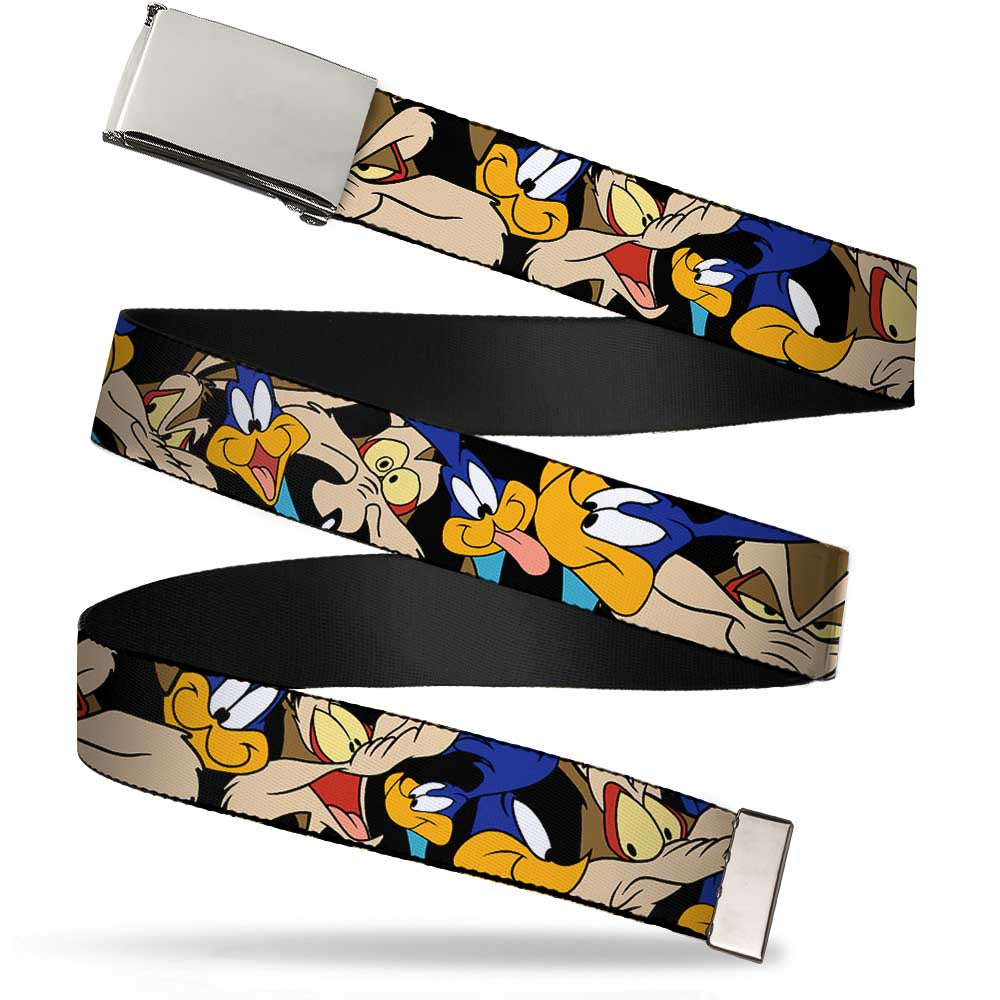 Web Belt Blank Chrome Buckle - Road Runner/Wile E. Coyote Expressions Stacked Black Webbing Web Belts Looney Tunes