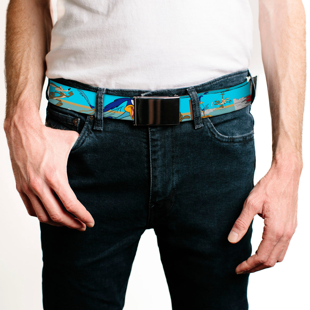 Web Belt Blank Chrome Buckle - Road Runner/Wile E. Coyote Scene2 Desert Webbing Web Belts Looney Tunes