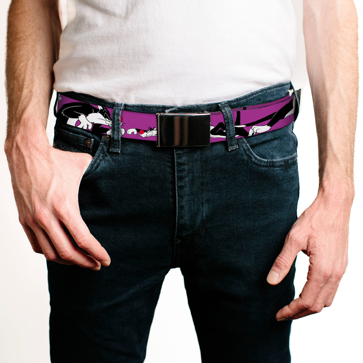 Chrome Buckle Web Belt - Sylvester the Cat Poses Purple Webbing Web Belts Looney Tunes