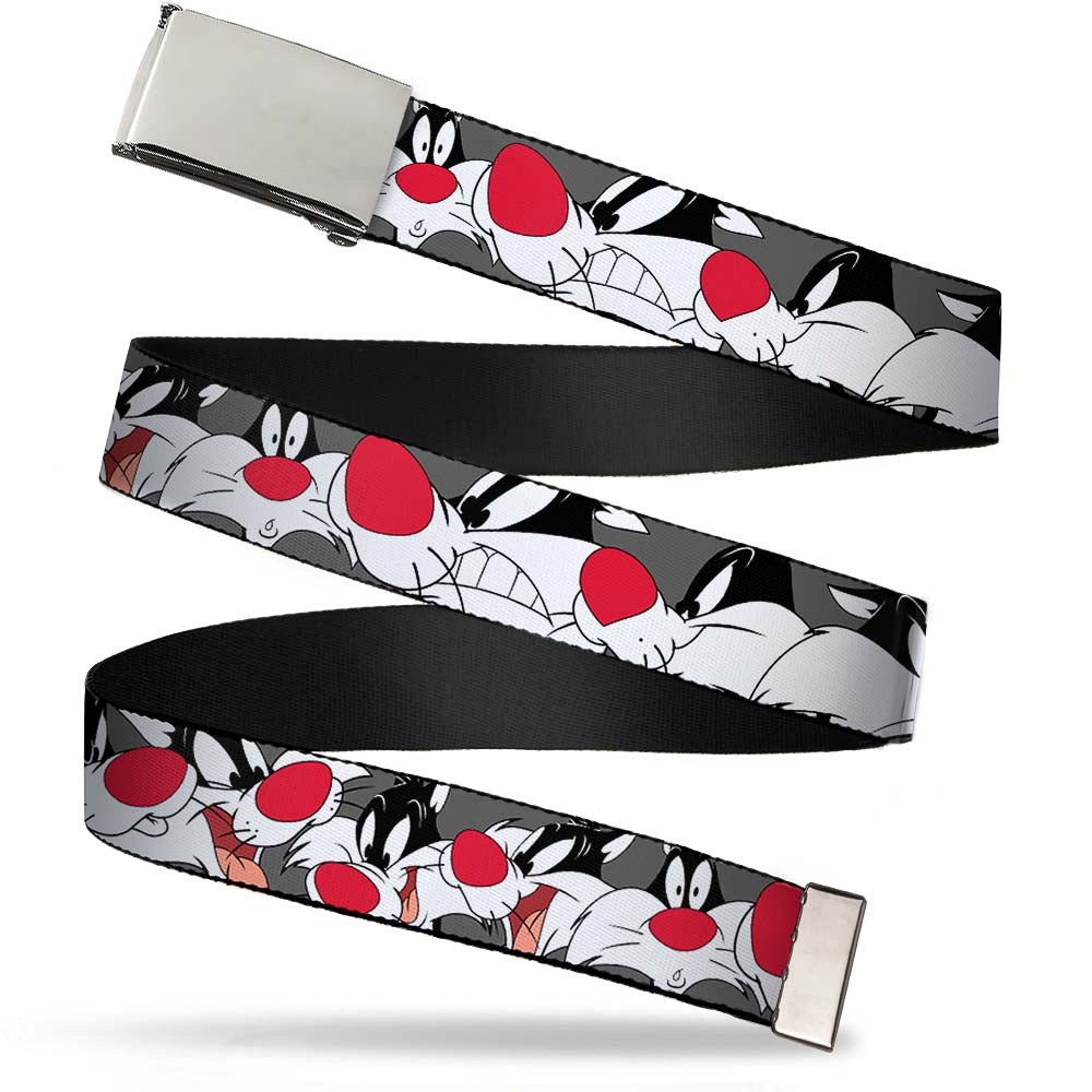 Chrome Buckle Web Belt - Sylvester the Cat Expressions Gray Webbing Web Belts Looney Tunes