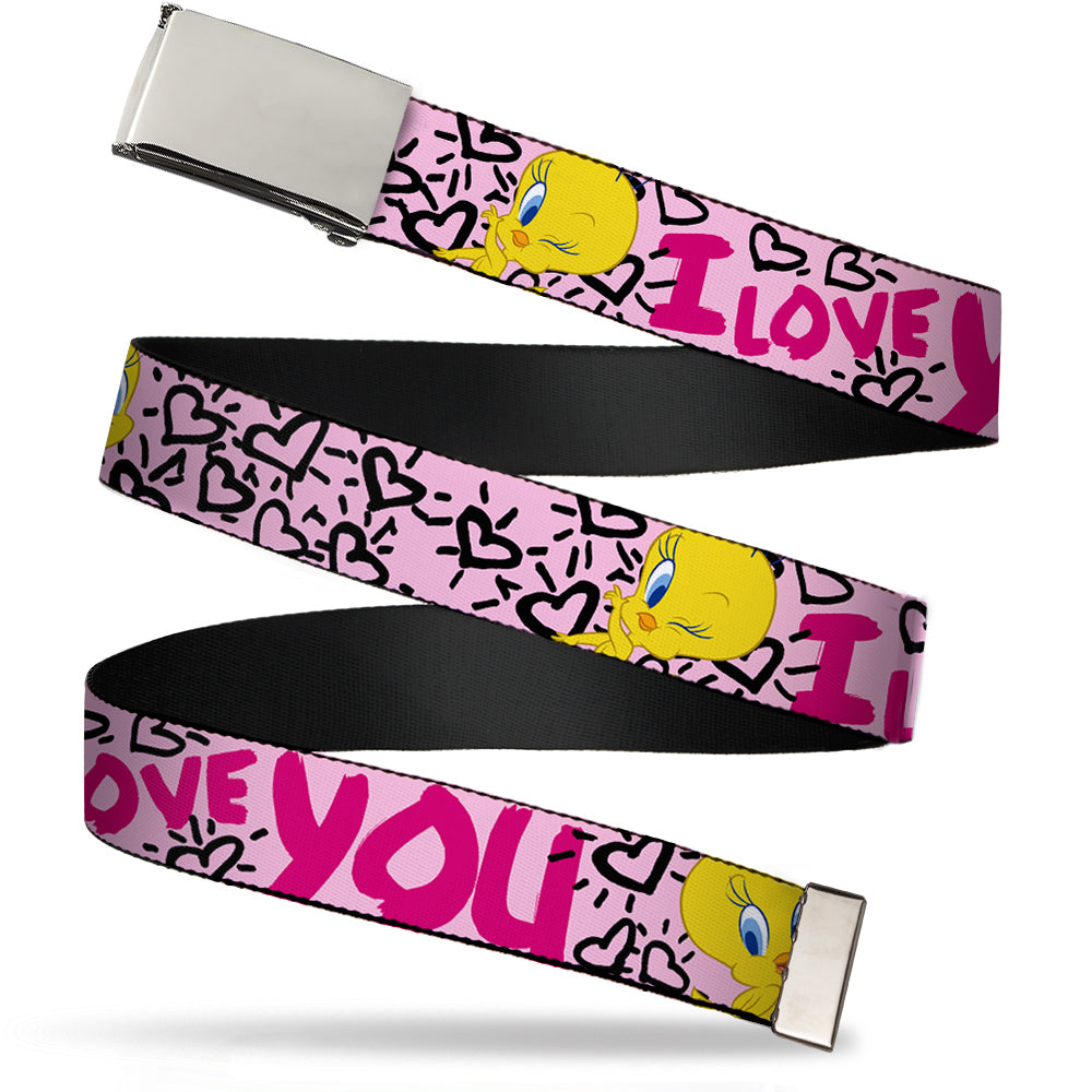 Chrome Buckle Web Belt - Tweety Bird I LOVE YOU Pink/Black Webbing Web Belts Looney Tunes