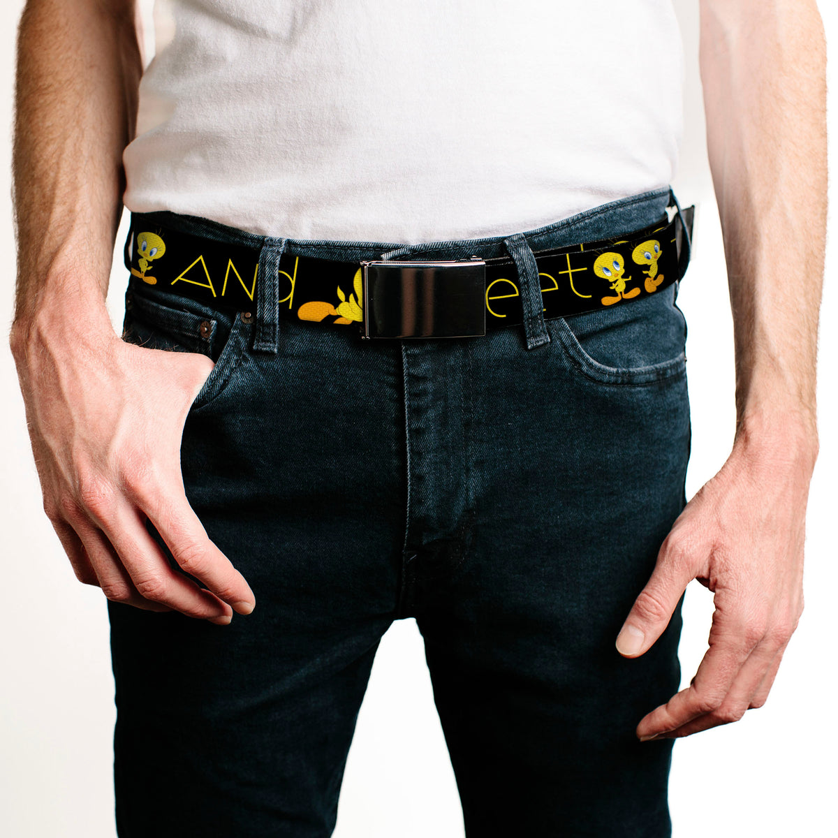 Chrome Buckle Web Belt - Tweety Bird Poses CUTE AND SWEET Black/Yellow Webbing Web Belts Looney Tunes