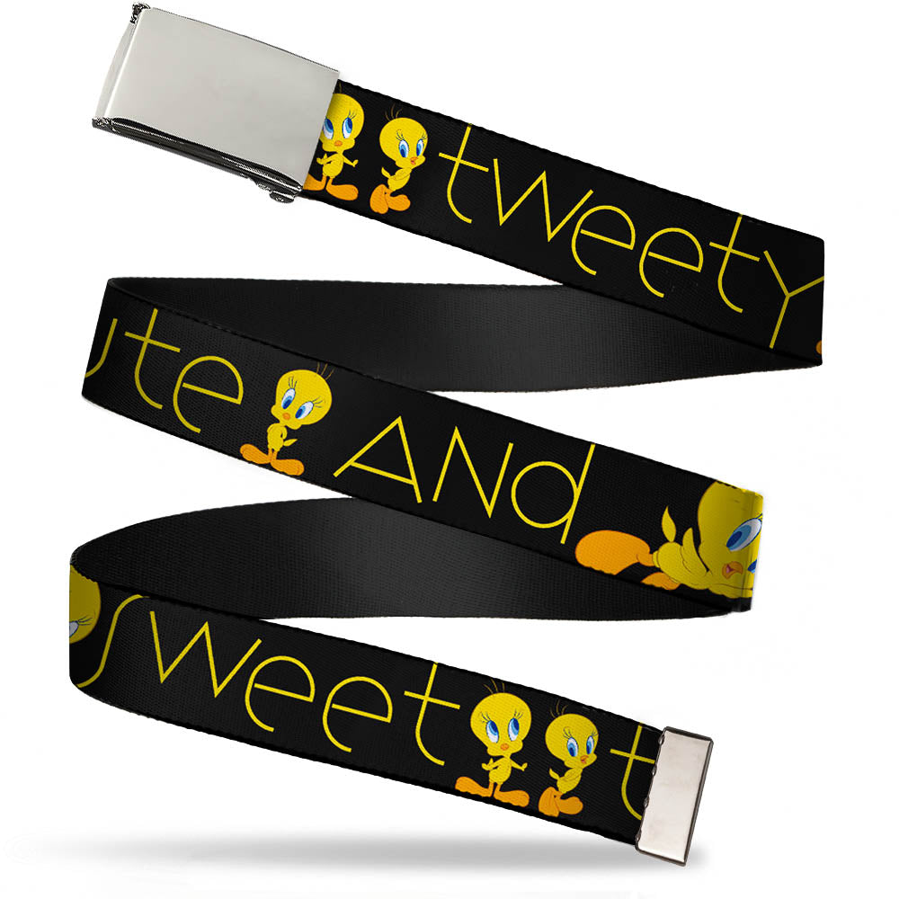 Chrome Buckle Web Belt - Tweety Bird Poses CUTE AND SWEET Black/Yellow Webbing Web Belts Looney Tunes