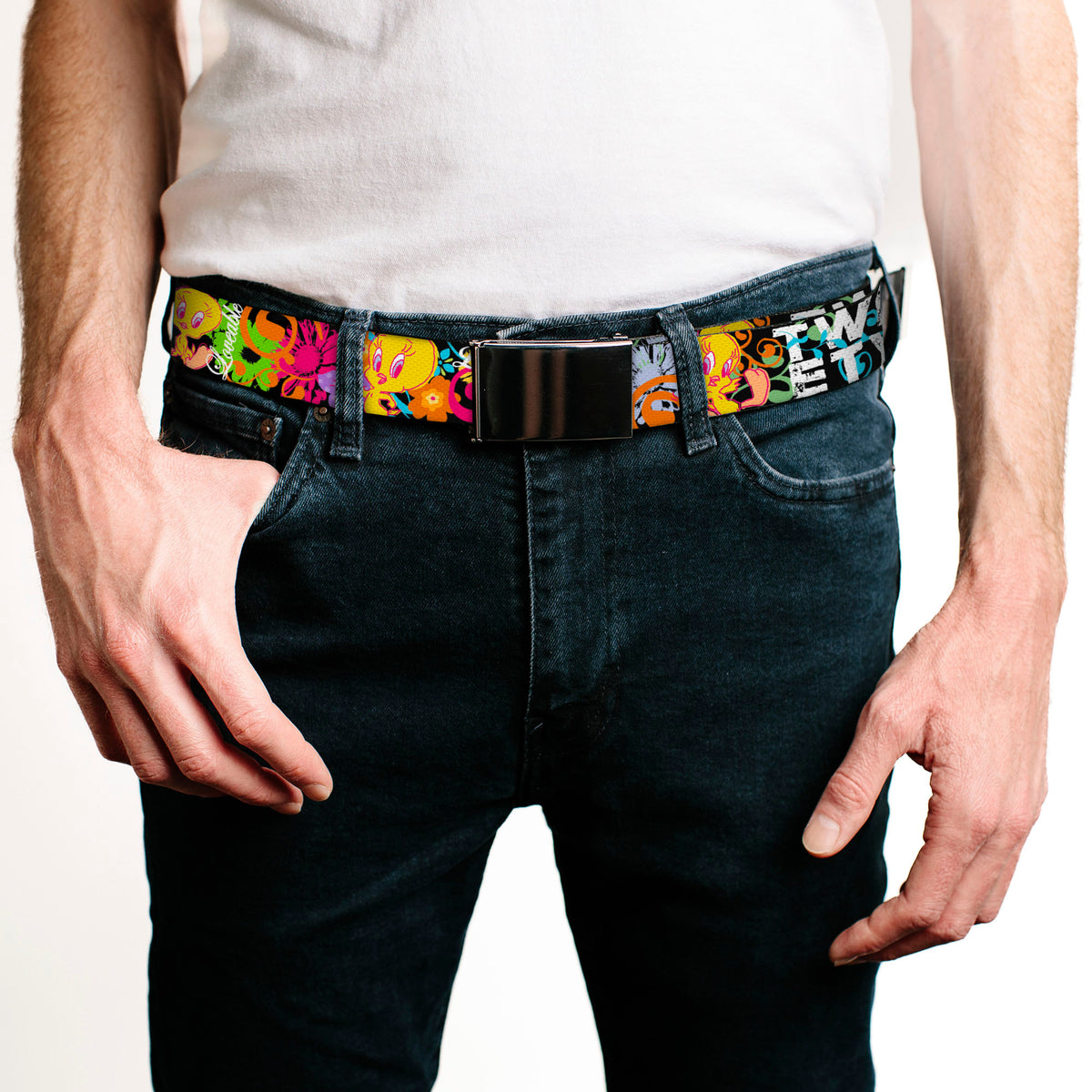 Chrome Buckle Web Belt - Tweety Bird Poses LITTLE CUTIE-LOVEABLE Black/Multi Color Webbing Web Belts Looney Tunes