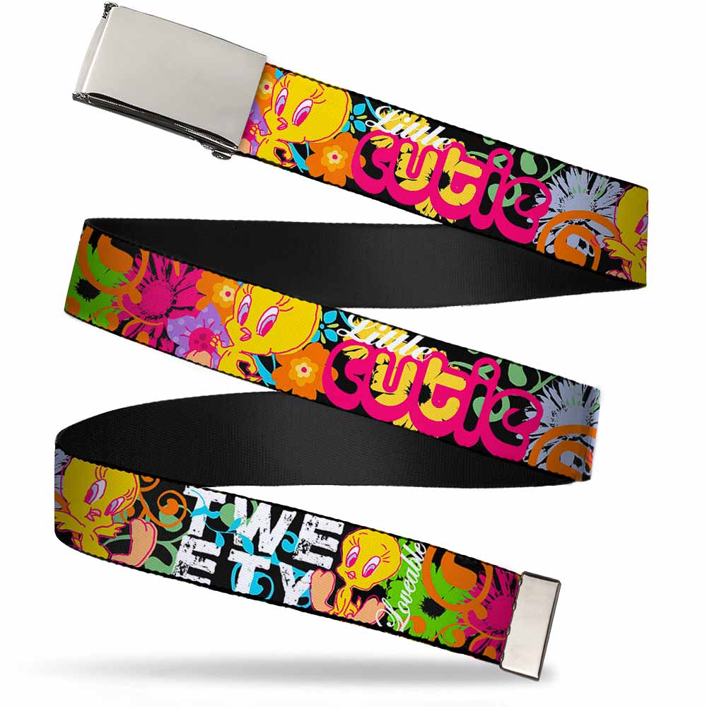 Chrome Buckle Web Belt - Tweety Bird Poses LITTLE CUTIE-LOVEABLE Black/Multi Color Webbing Web Belts Looney Tunes