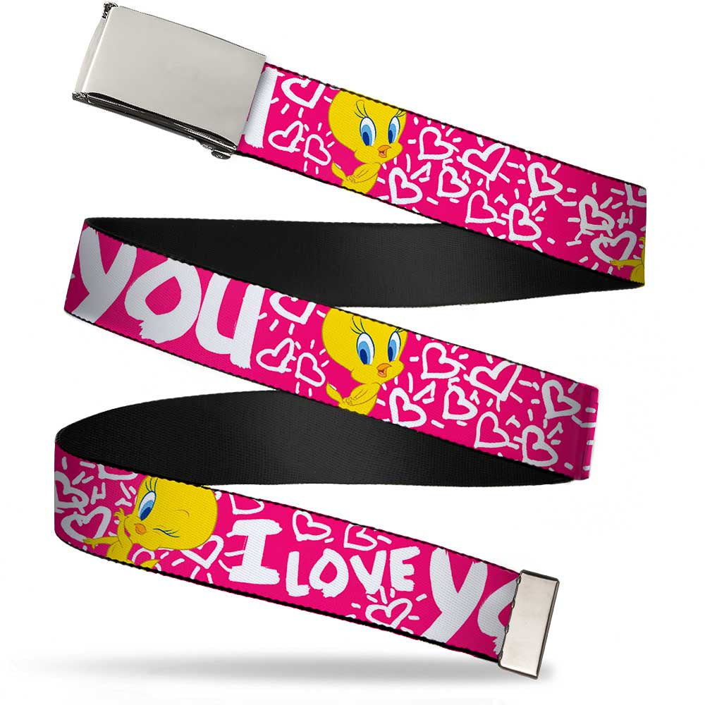 Chrome Buckle Web Belt - Tweety Bird I LOVE YOU Fuchsia/White Webbing Web Belts Looney Tunes