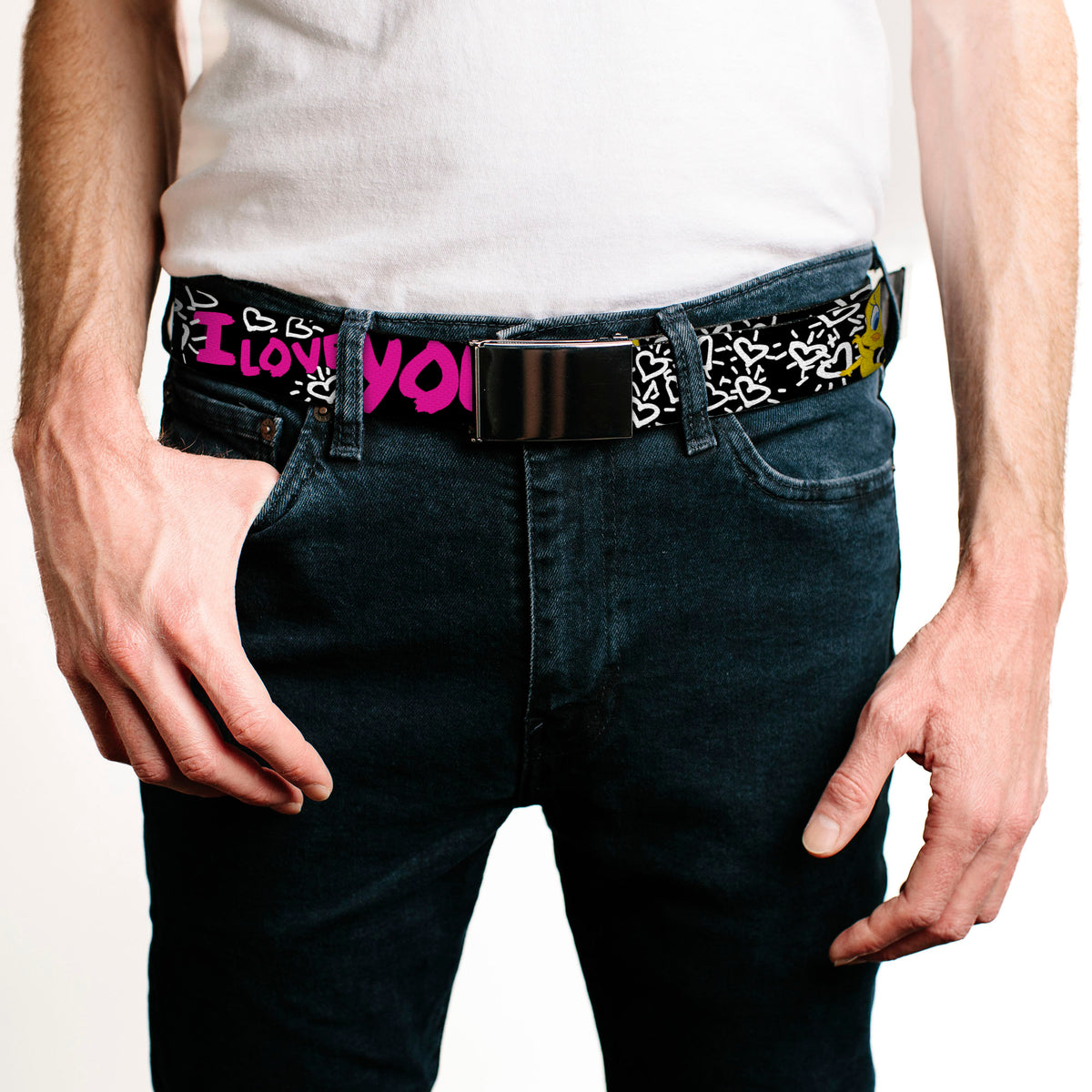 Chrome Buckle Web Belt - Tweety Bird I LOVE YOU Black/White/Pink Webbing Web Belts Looney Tunes
