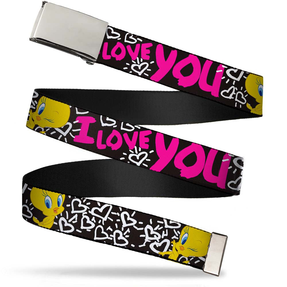 Chrome Buckle Web Belt - Tweety Bird I LOVE YOU Black/White/Pink Webbing Web Belts Looney Tunes