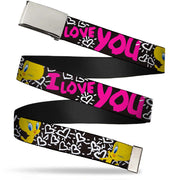 Chrome Buckle Web Belt - Tweety Bird I LOVE YOU Black/White/Pink Webbing Web Belts Looney Tunes