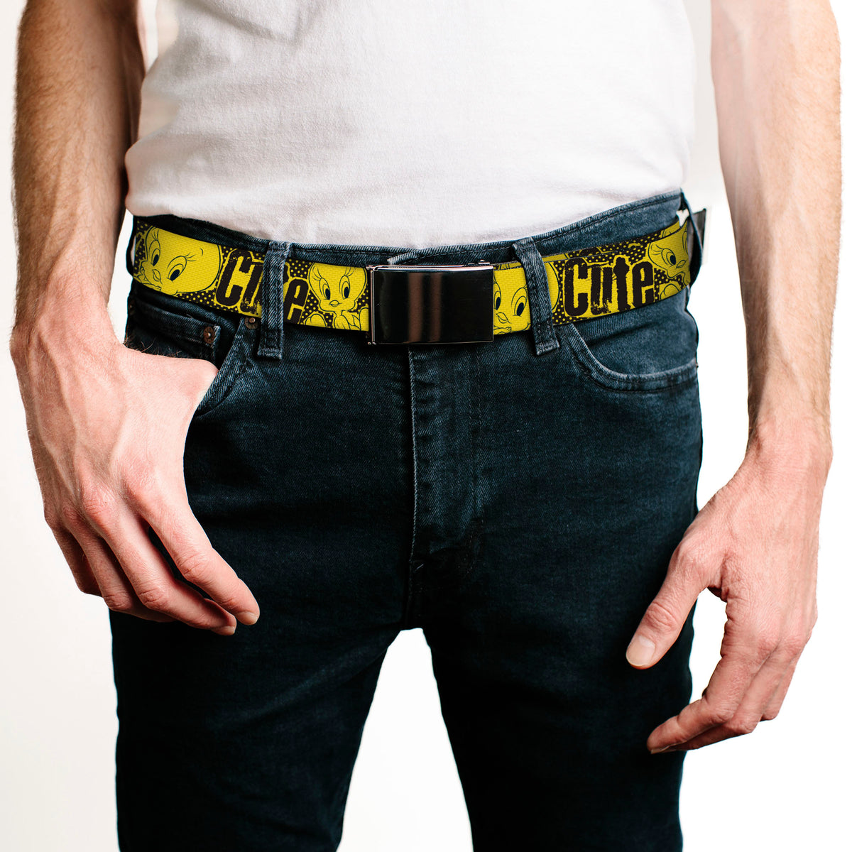 Chrome Buckle Web Belt - Tweety Bird Poses CUTE LITTLE YELLOW BIRD Yellow/Black Webbing Web Belts Looney Tunes
