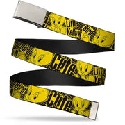 Chrome Buckle Web Belt - Tweety Bird Poses CUTE LITTLE YELLOW BIRD Yellow/Black Webbing Web Belts Looney Tunes