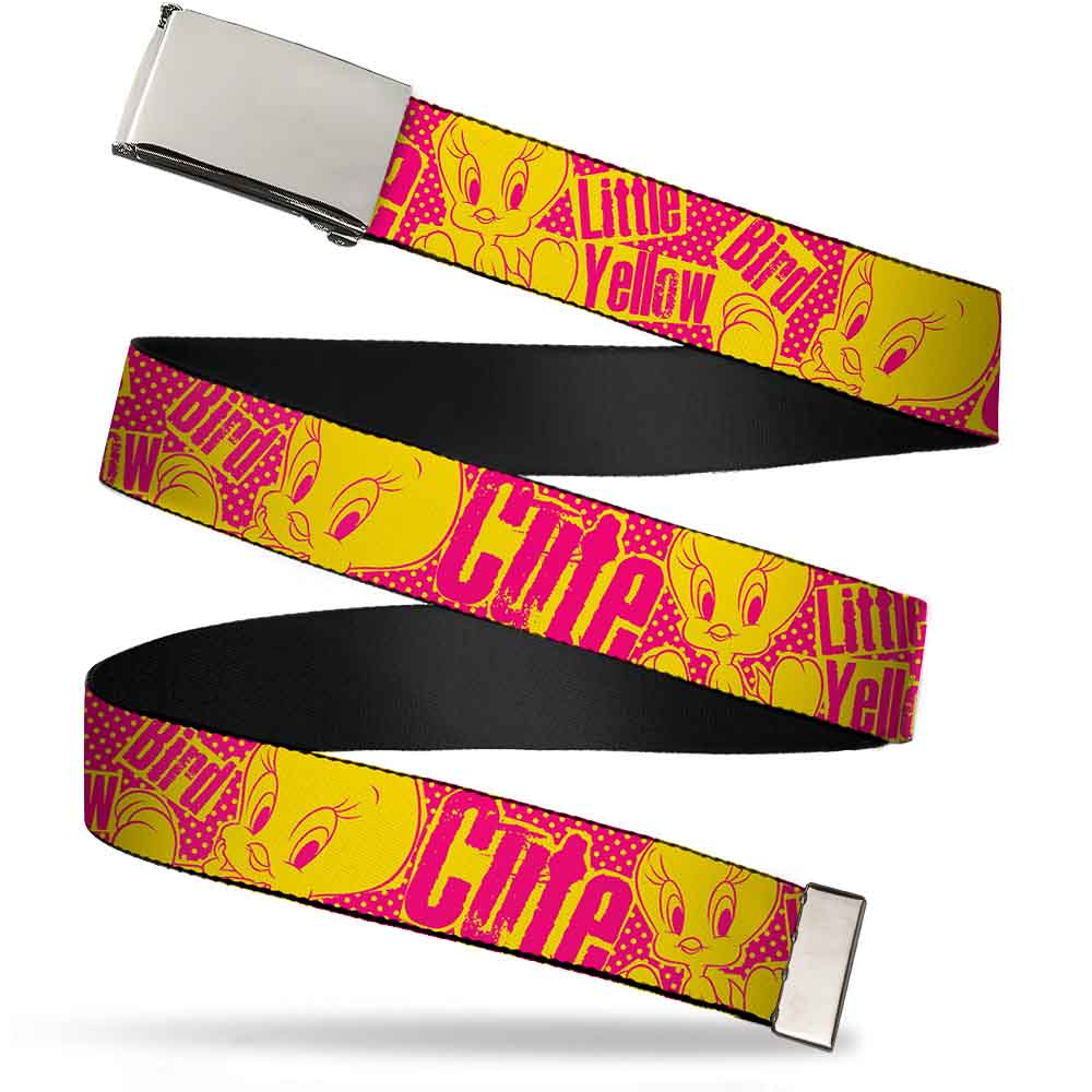 Chrome Buckle Web Belt - Tweety Bird Poses CUTE LITTLE YELLOW BIRD Yellow/Pink Webbing Web Belts Looney Tunes