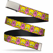 Chrome Buckle Web Belt - Tweety Bird & Crossbones Pink/Black/Yellow Webbing Web Belts Looney Tunes