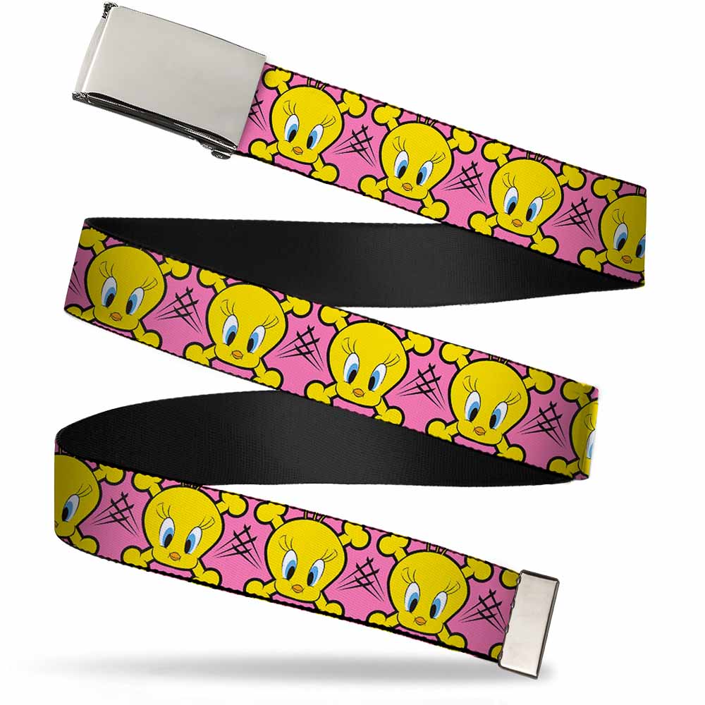 Chrome Buckle Web Belt - Tweety Bird & Crossbones Pink/Black/Yellow Webbing Web Belts Looney Tunes