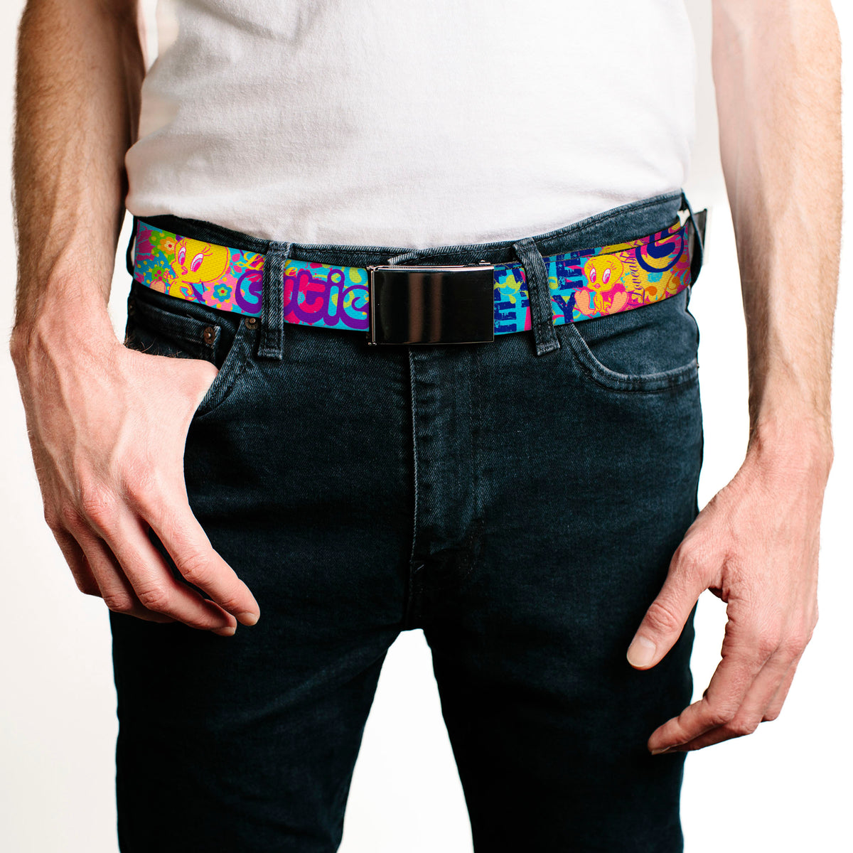 Chrome Buckle Web Belt - Tweety Bird Poses LITTLE CUTIE-LOVEABLE Blue/Multi Color Webbing Web Belts Looney Tunes