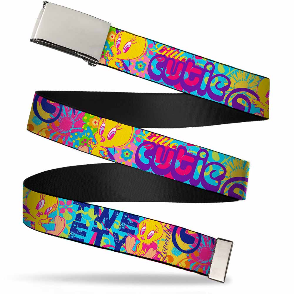 Chrome Buckle Web Belt - Tweety Bird Poses LITTLE CUTIE-LOVEABLE Blue/Multi Color Webbing Web Belts Looney Tunes