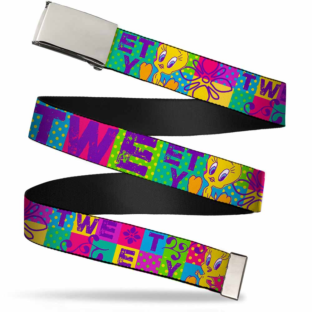 Chrome Buckle Web Belt - TWEETY Letter Blocks Polka Dot Multi Color Webbing Web Belts Looney Tunes