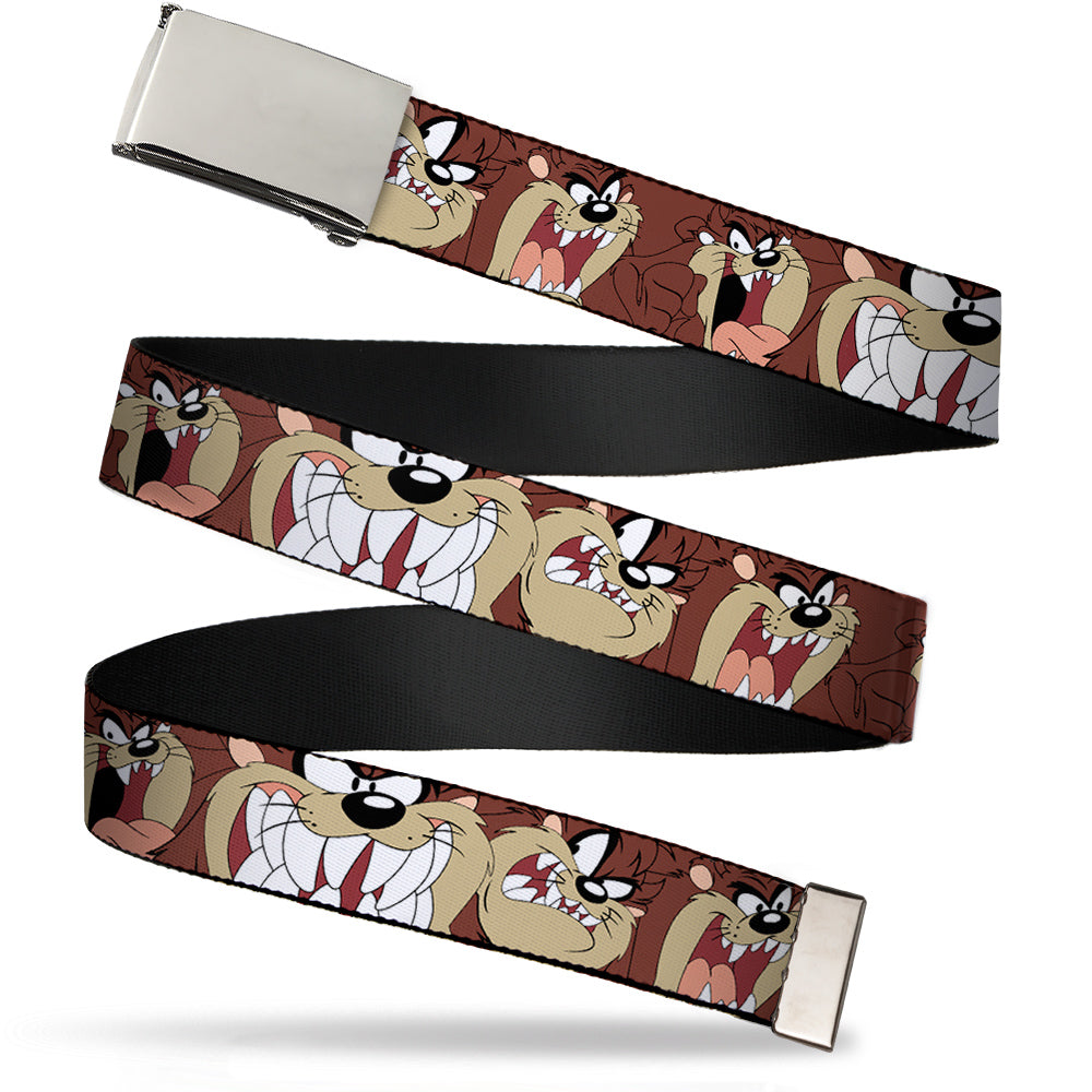Chrome Buckle Web Belt - Tasmanian Devil Expressions Brown Webbing Web Belts Looney Tunes