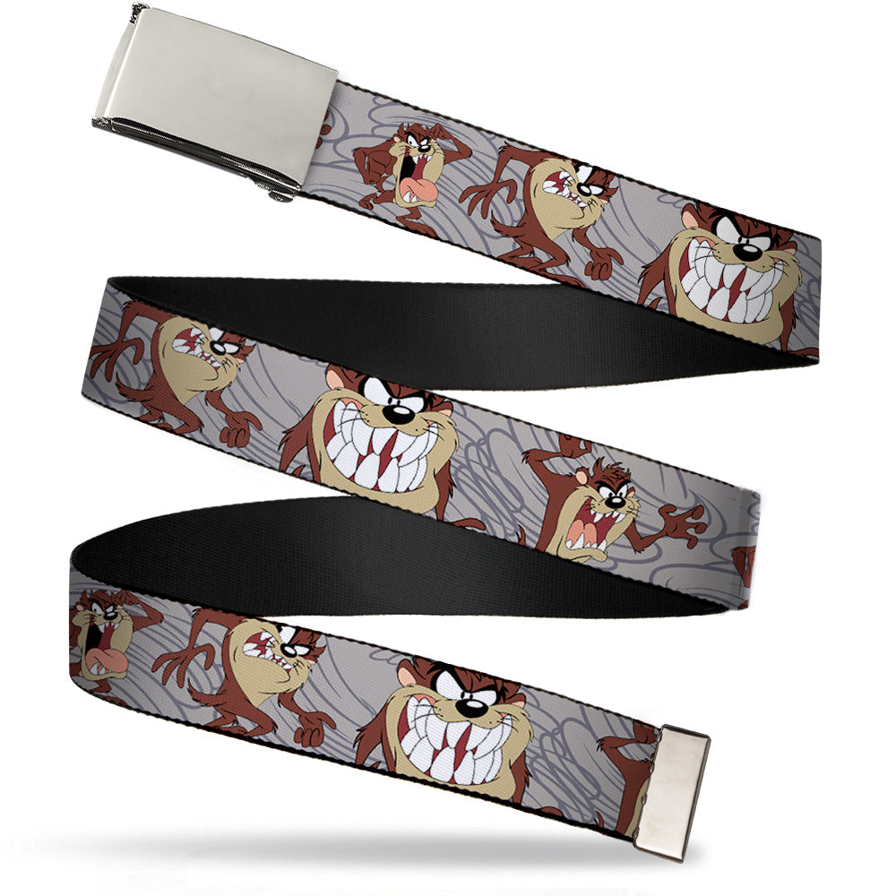 Chrome Buckle Web Belt - Tasmanian Devil Expressions Gray Swirl Webbing Web Belts Looney Tunes