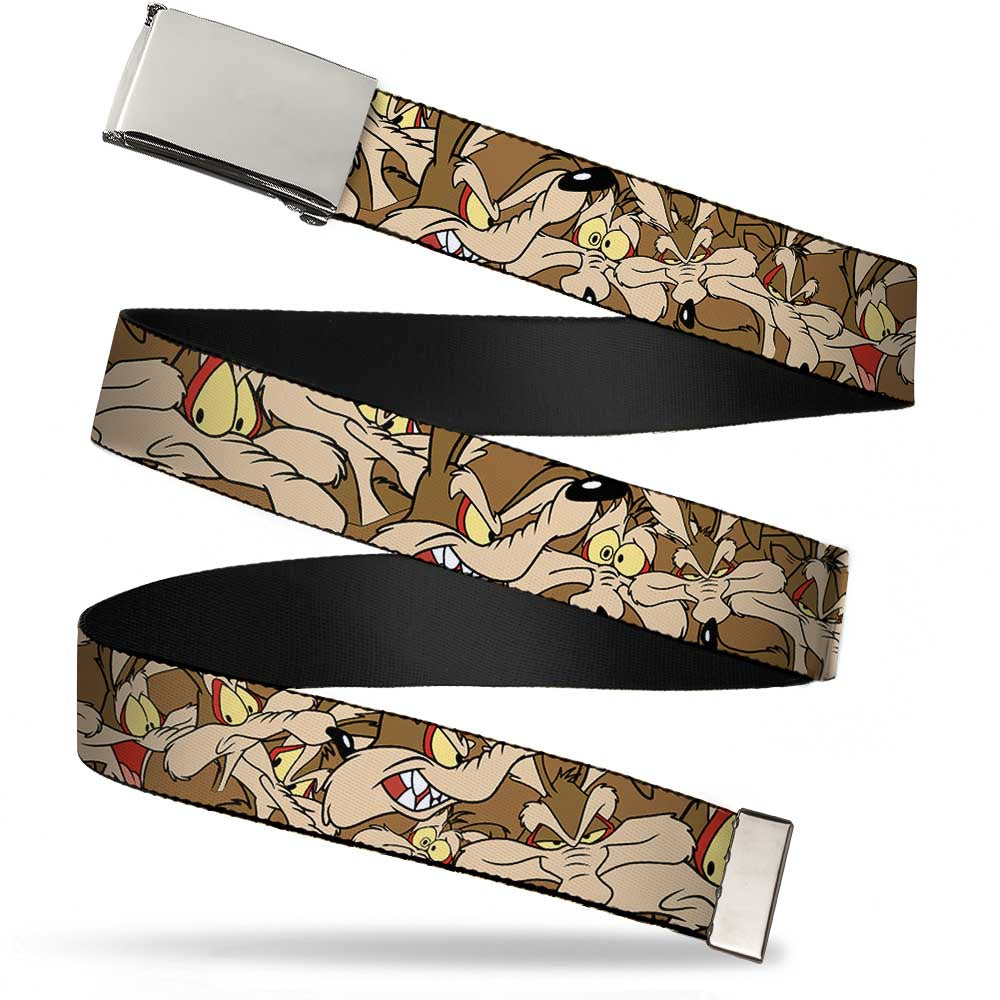 Chrome Buckle Web Belt - Wile E. Coyote Expressions Stacked Webbing Web Belts Looney Tunes