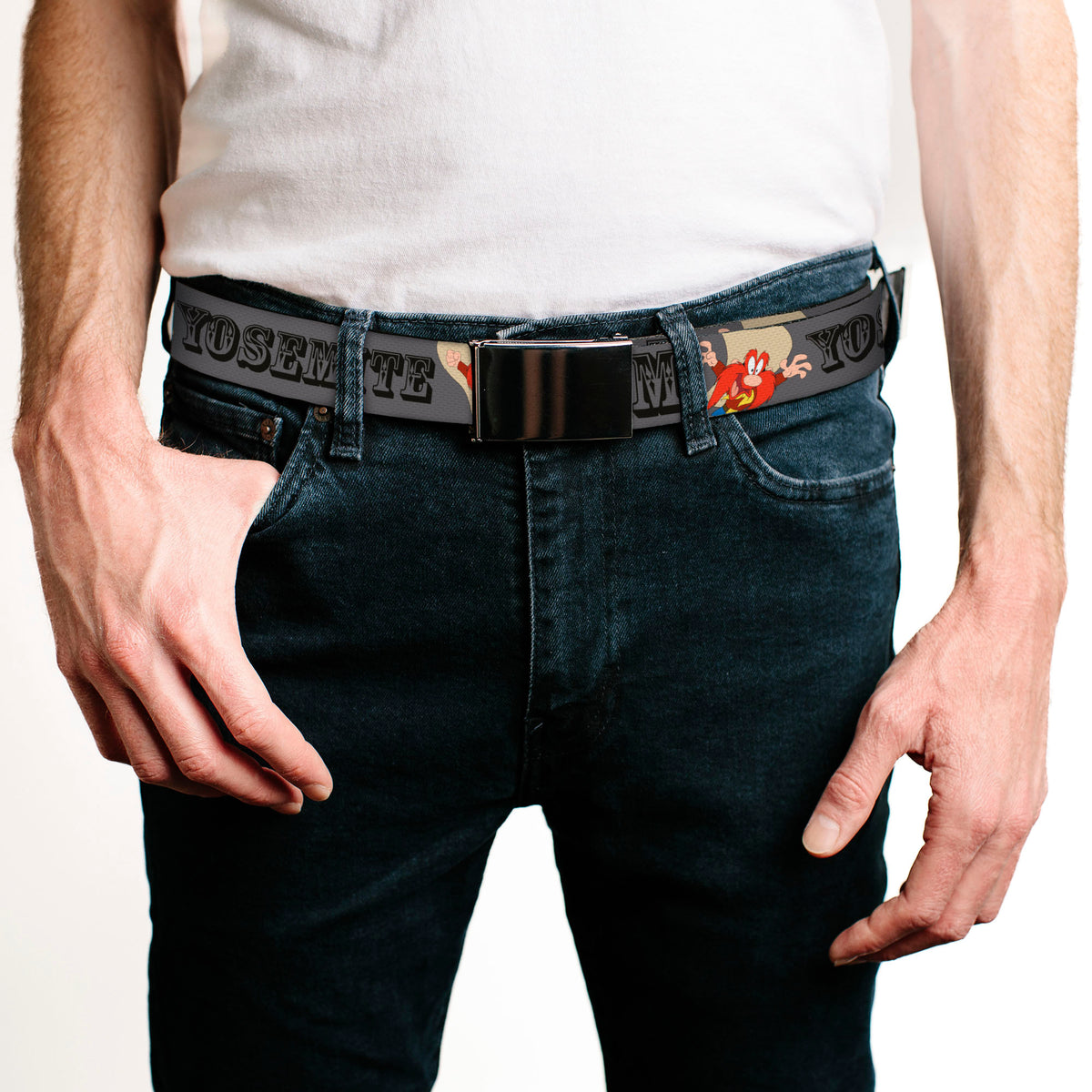 Chrome Buckle Web Belt - YOSEMITE SAM w/Poses Gray Webbing Web Belts Looney Tunes