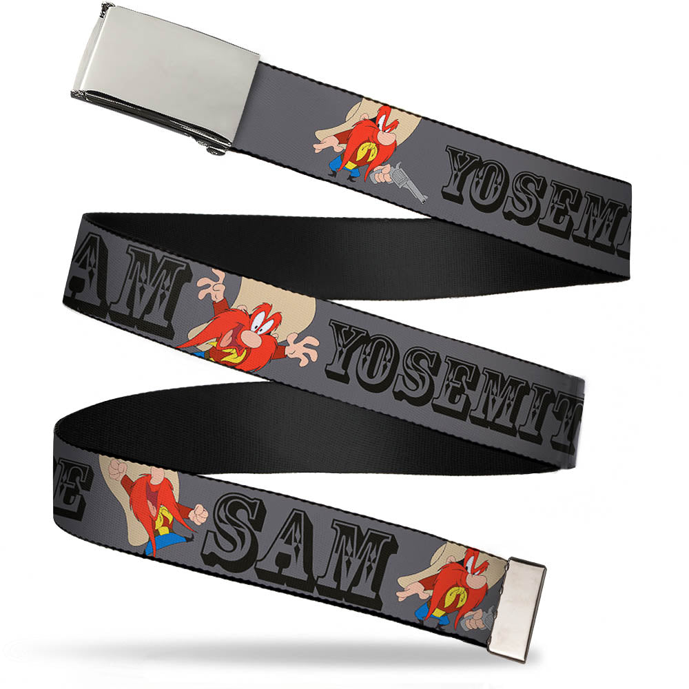 Chrome Buckle Web Belt - YOSEMITE SAM w/Poses Gray Webbing Web Belts Looney Tunes