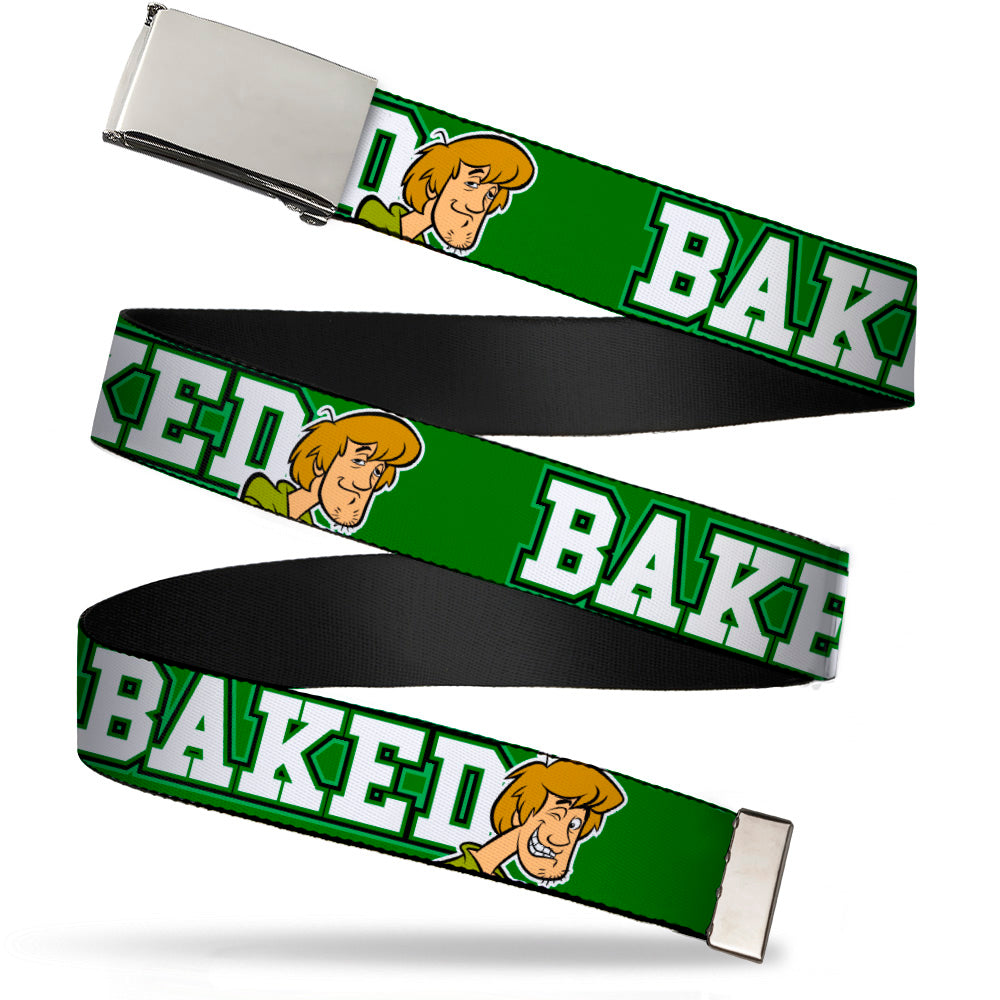 Chrome Buckle Web Belt - Shaggy Poses/BAKED Green/White Webbing Web Belts Scooby Doo